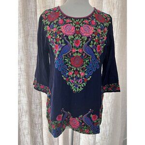 Durga? Women’s top Peacock Embroidered Floral Peasant Boho Medium Cottagecore